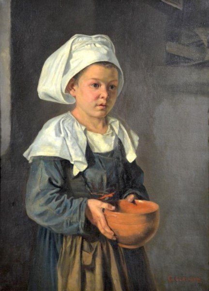 CIRCLE OF ROBERT WYLIE (American, 1839–1877): A Breton GirlOil on canvasBears another signature 'George Clausen' lower right Size: 31.5 x 23.75 in (80 x 60 cm) Provenance: Estate of June Bramall, Oakville, ON