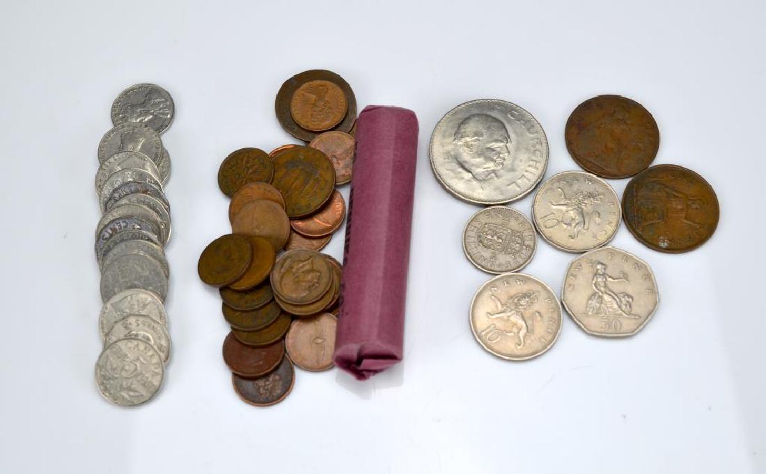Lot of assorted coins: a) Canadian 1940's Victory nickels b) Canadian pennies and tokens c) Canadian and British antique coins and tokens d) British coinage e) Canadian coinage f) American coinage