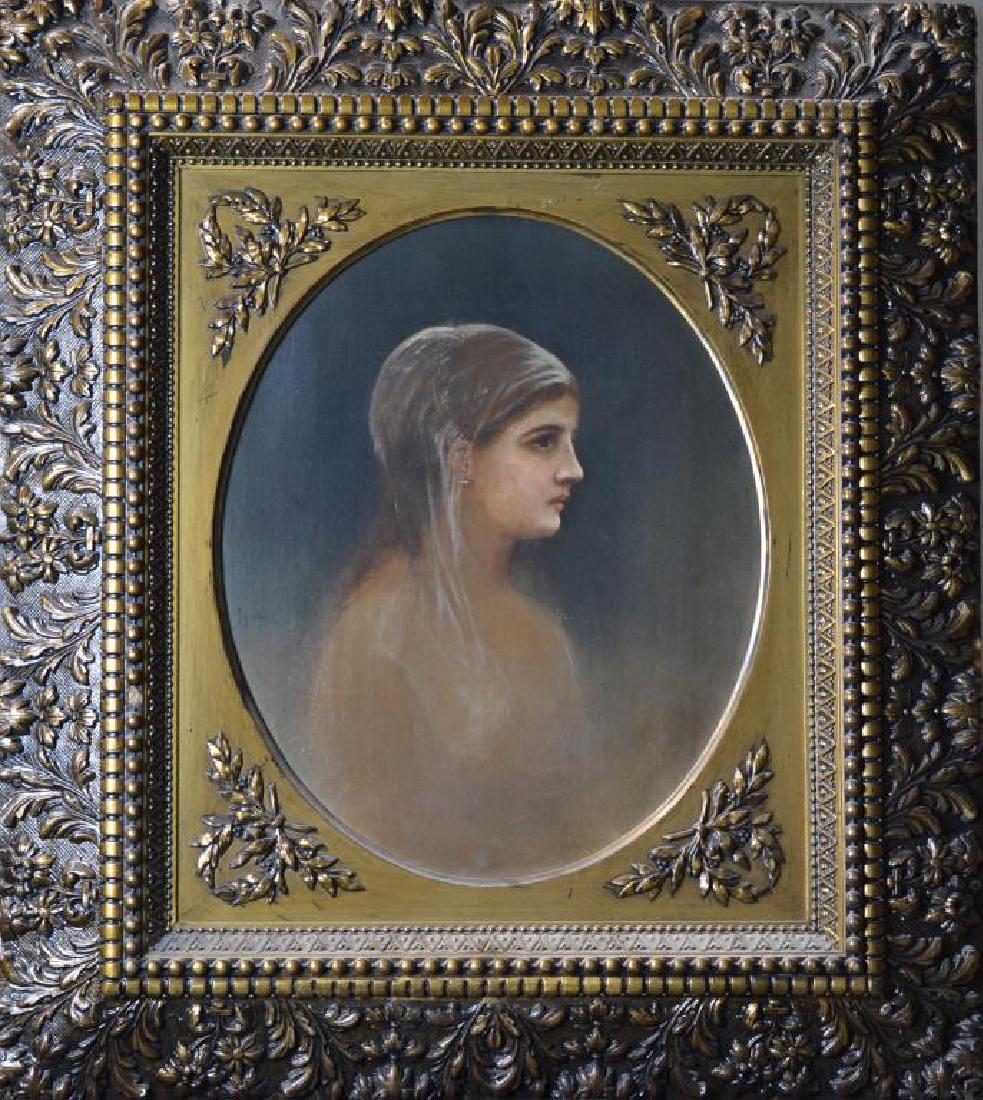 FREDERICK A. SPANG (American, 1834â€“1891): Portrait of a Woman in Profile Oil on canvas Signed mid left Size: 17 x 14 in. (Framed in the oval) With James S. Earl and Sons Philadelphia