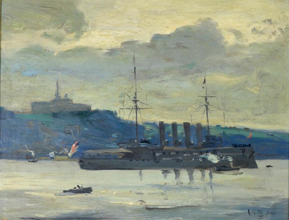 IN THE STYLE OF J.W. MORRICE (Canadian, 1865-1924): HMCS Niobe (transferred from Royal Navy to Canadian Navy after WW1 (approx 1917) Oil on panel Signed lower right Size: 10.25 x 13.5 in.