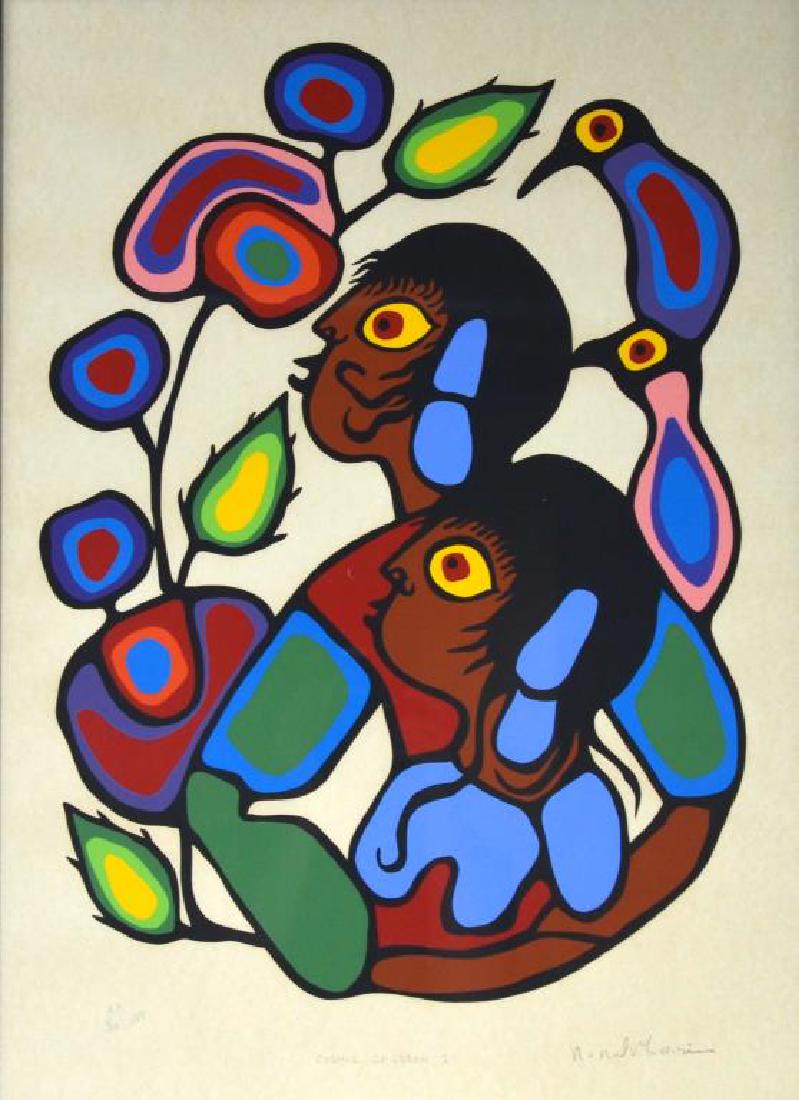 NORVAL MORRISSEAU (1931-2007): Cosmic Children I Colour silkscreen Signed, titled and numbered A.P. 6/10 in pencil to margin (of an edition of 188) Size: 23.5 x 17 in. (sight) Published by ALVO Canadian Art, Inc. With certificate f