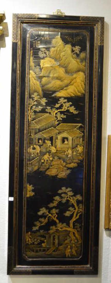 Pair of Chinese black lacquer gilt painted panels (1 of 2)