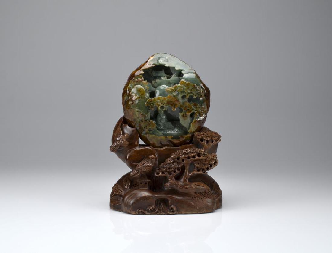 CHINESE CELADON JADE MOUNTAIN ON WOOD STAND (1 of 6)