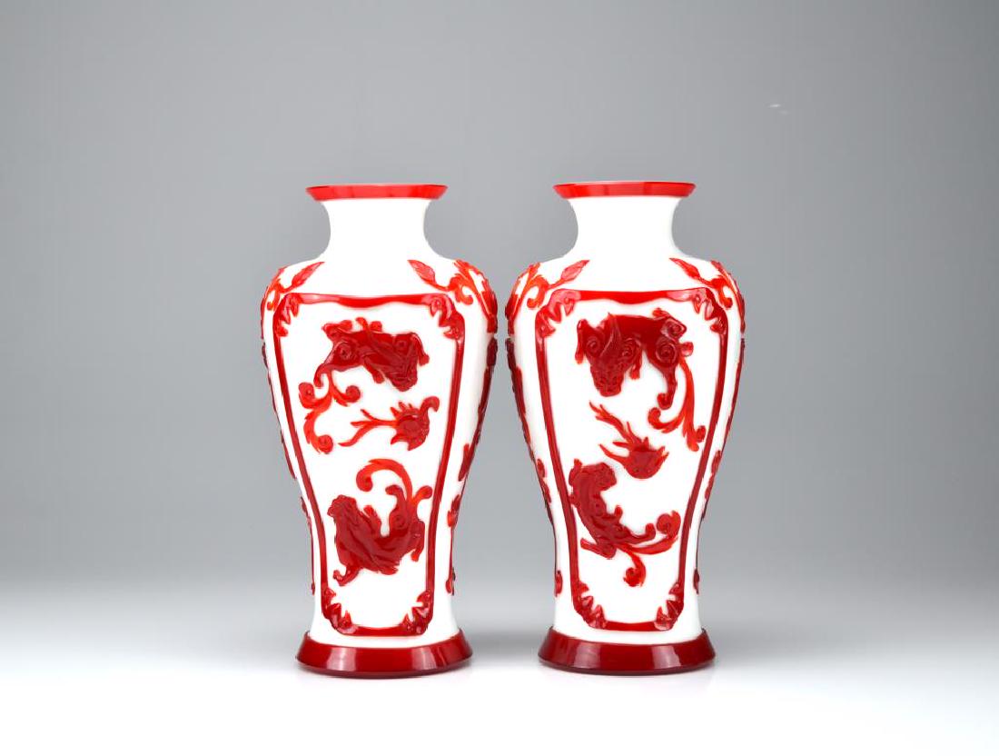 PAIR OF RED OVERLAY WHITE PEKING GLASS VASES (1 of 5)