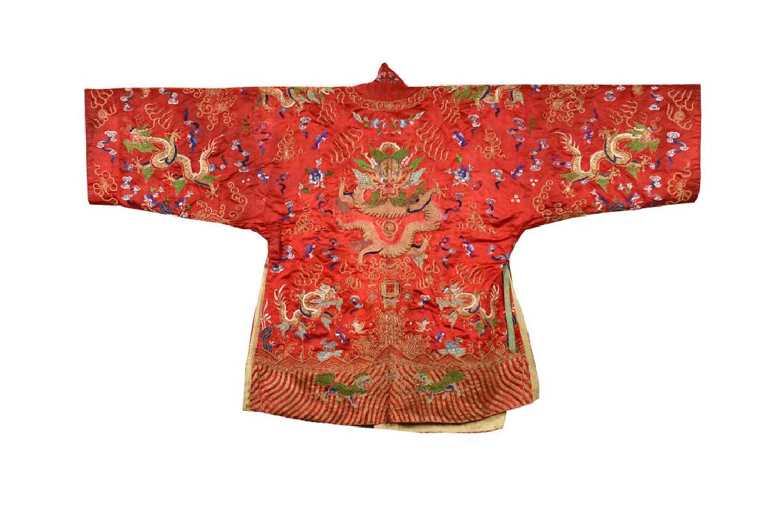 CHINESE RED GROUND SILK EMBROIDERED DRAGON ROBE (1 of 13)