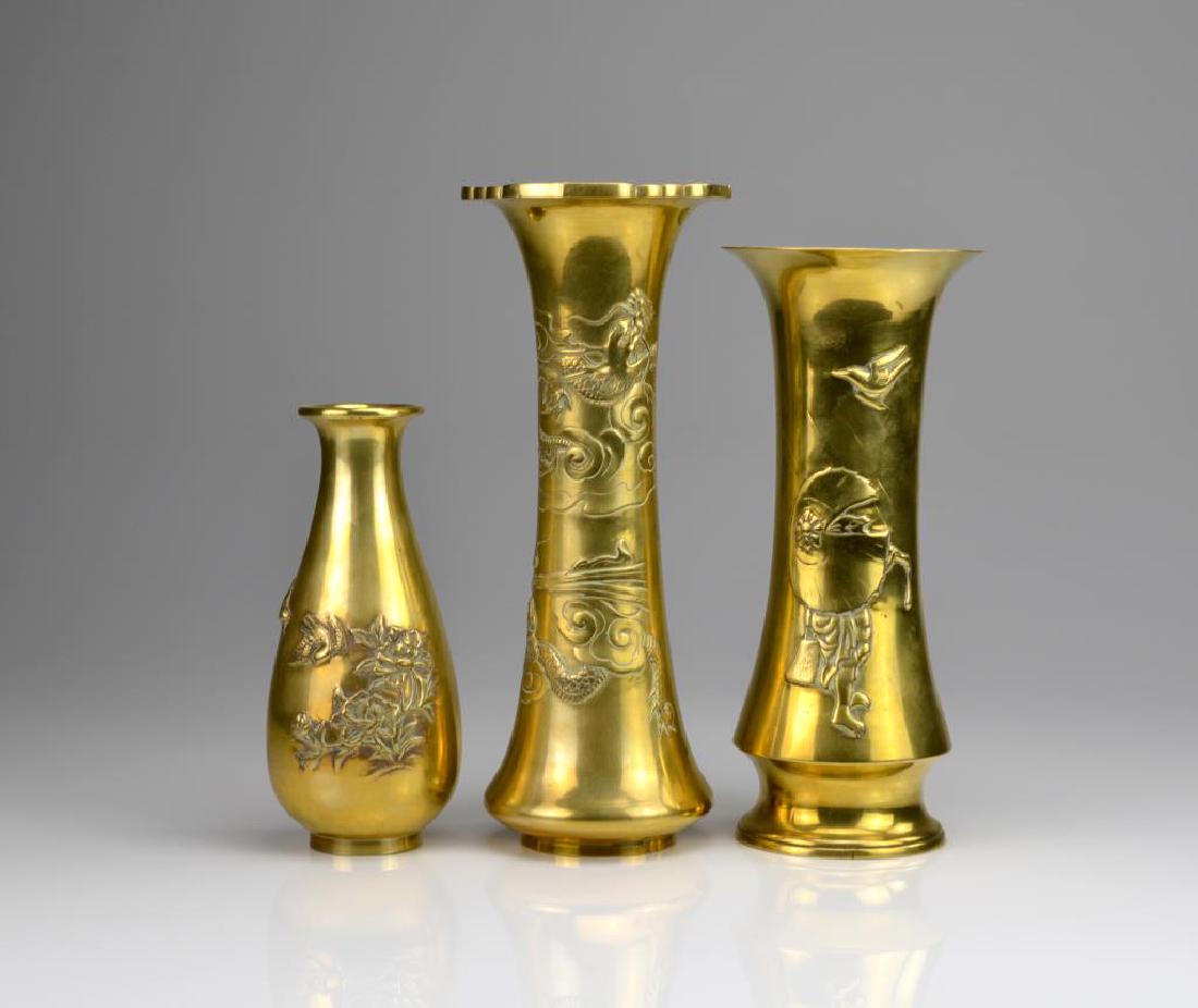 THREE JAPANESE BRASS VASES (1 of 6)