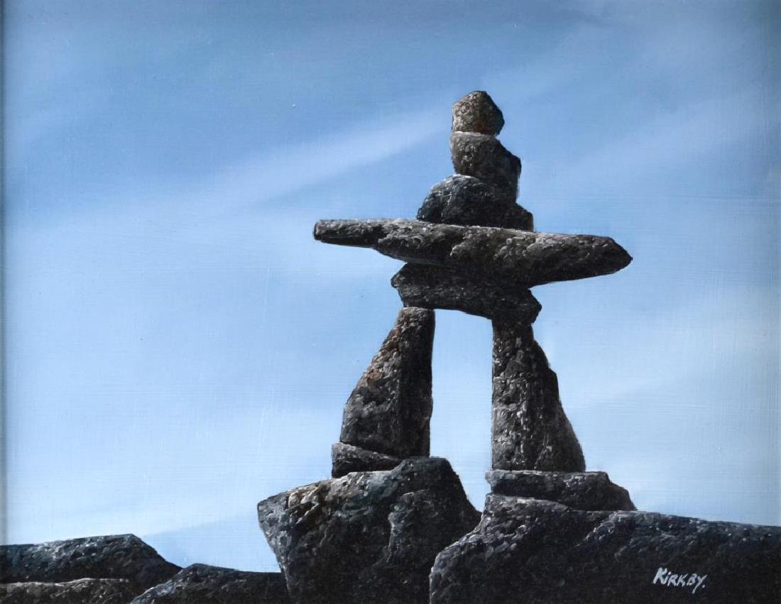 KENNETH KIRKBY (Canadian, b. 1940): Inukshuk Oil on board Signed lower right Size: 11 x 13 in.