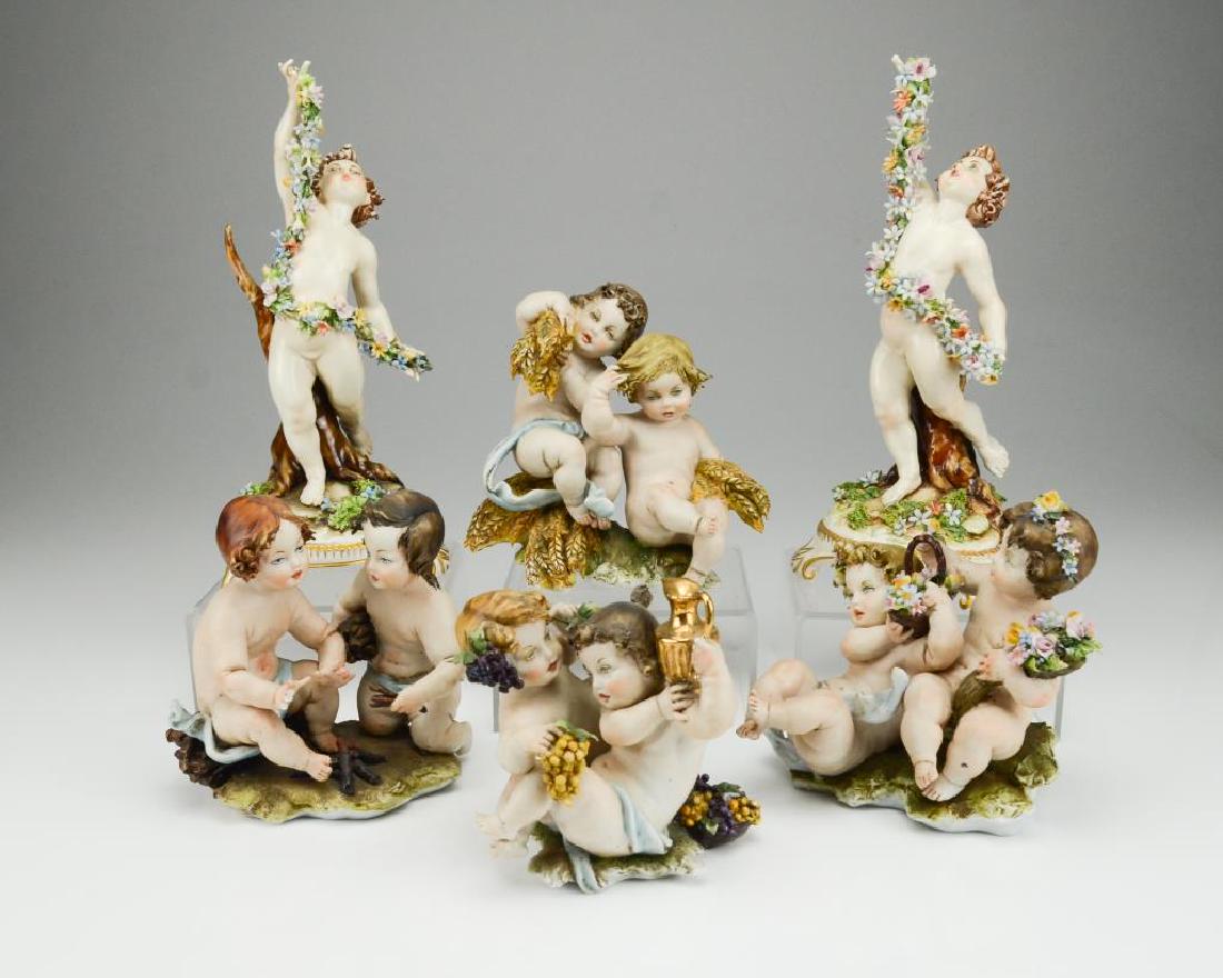 Six Naples Capodimonte porcelain figures: Of nude cherubs and putti as allegories of the seasons.