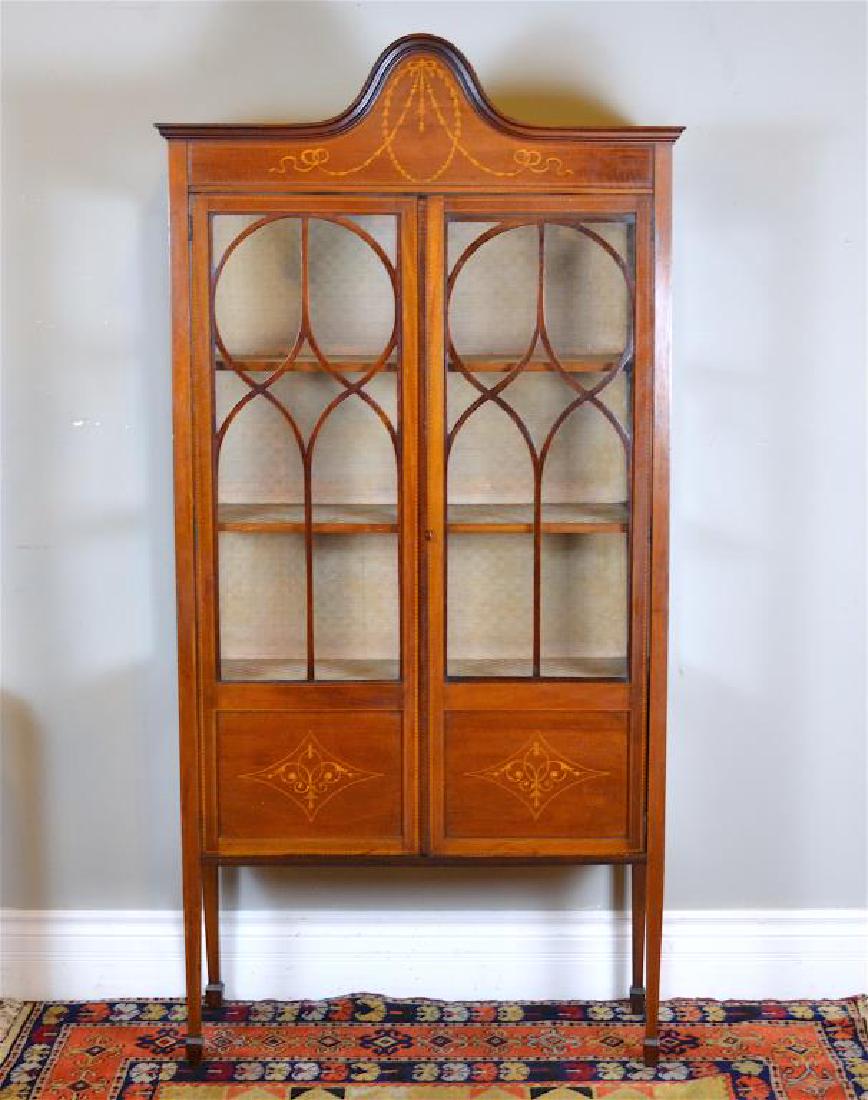 Edwardian mahogany inlaid curio cabinet: H: 72 1/2 in. x W: 53 1/2 in. x D: 13 in.