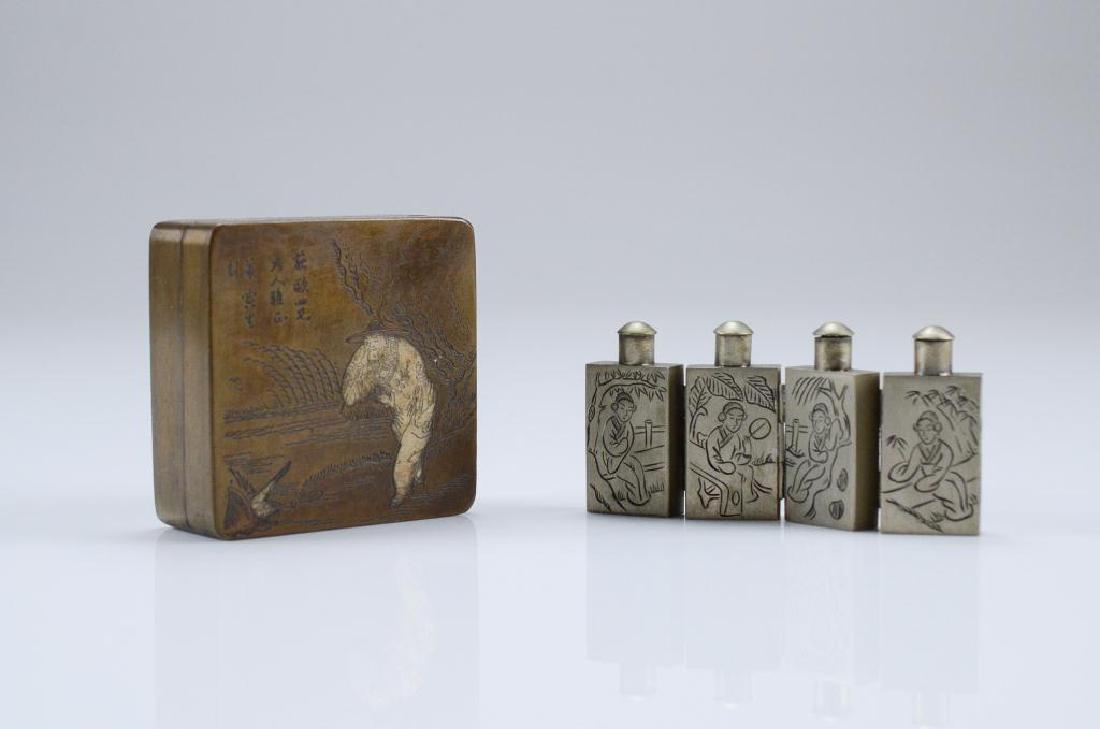CHINESE METAL SQUARE BOX AND HINGED SNUFF BOTTLES (1 of 7)