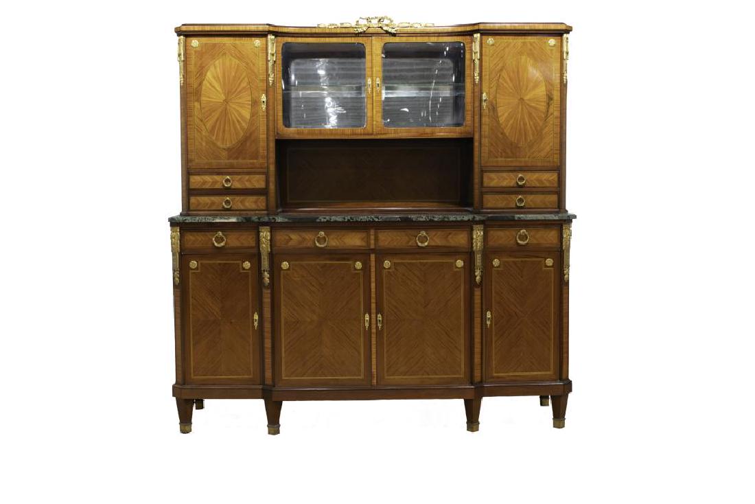 FRENCH PARQUETRY & MARBLE TOP CABINET: Bookmatched parquetry with lower buffet and upper cabinet, with double glazed doors. All with gilt bronze mounts. W. 78 1/4 in. D. 25 in. H. 78 1/2 in.
