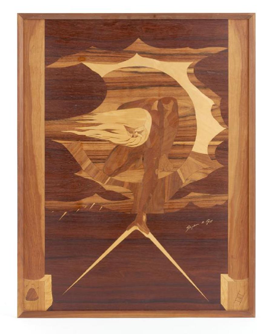 MIXED WOOD MARQUETRY PANEL: Designed by Stephen K. Gopp based on the William Blake work L'incisione Ancient of Days. Dated 1979. H. 93 cm (36 5/8 in.)