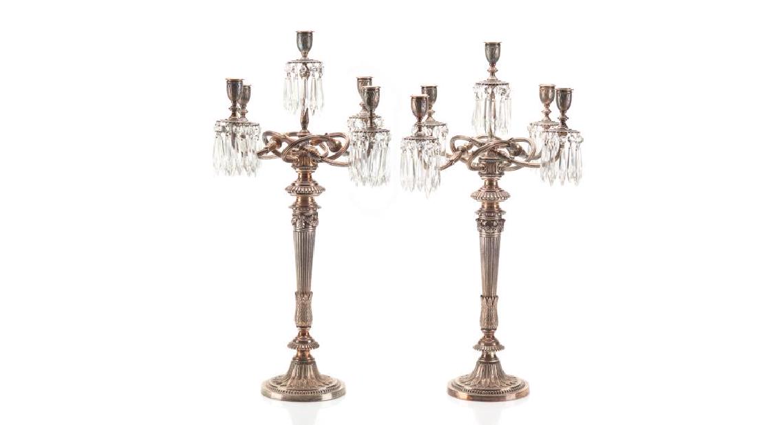 Pair of silver plate candelabras with drops (1 of 5)