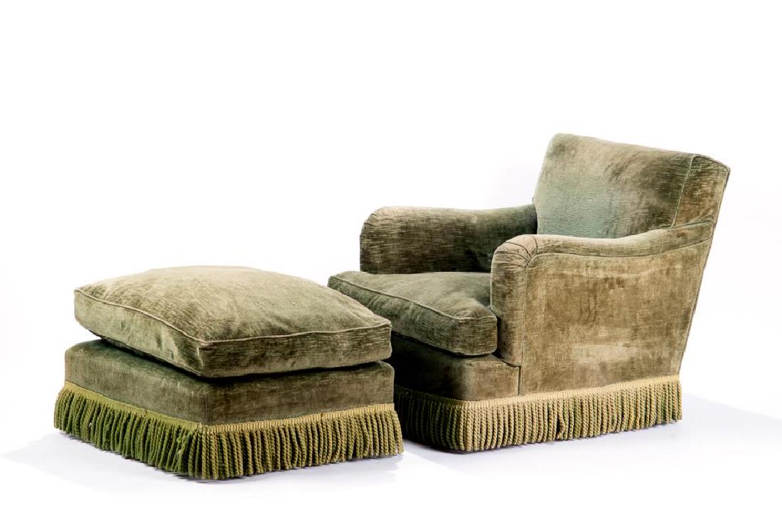 Vintage green upholstered armchair & ottoman (1 of 3)