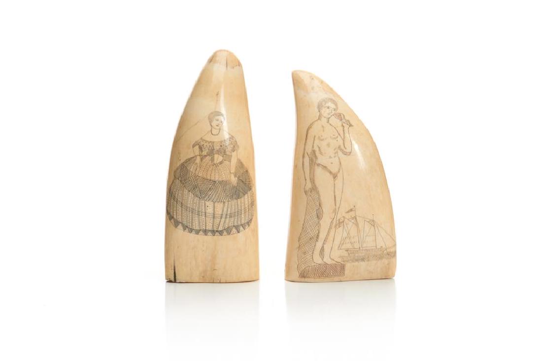 Two 19th C scrimshaw whale teeth: One decorated with a ship to one side and a female figure to the other. The other with a portrait of a man wearing a hat on one side and a figure standing by the sea listening to a shell to theother. 