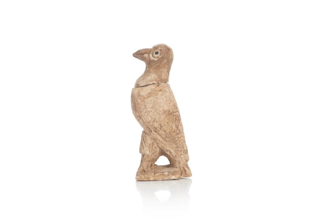 Ancient pottery bird vessel: Standing bird with removable head baring Egyptian or Near Eastern influence. H 7cm (2 3/4 in)