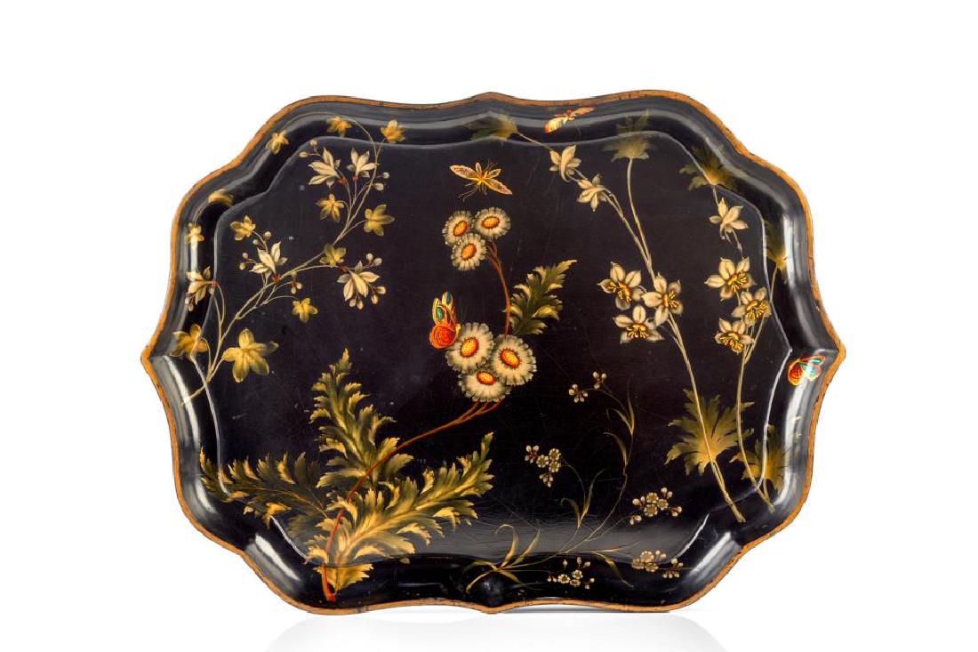 Early 19th C papier mache tray: The large tray is beautifully painted with floral decorations and butterflies. BADA (The British Antique Dealers' Association Ltd) label to back. 74 cm x 56 cm (29 in. x 21 in.)Condition Report In exc