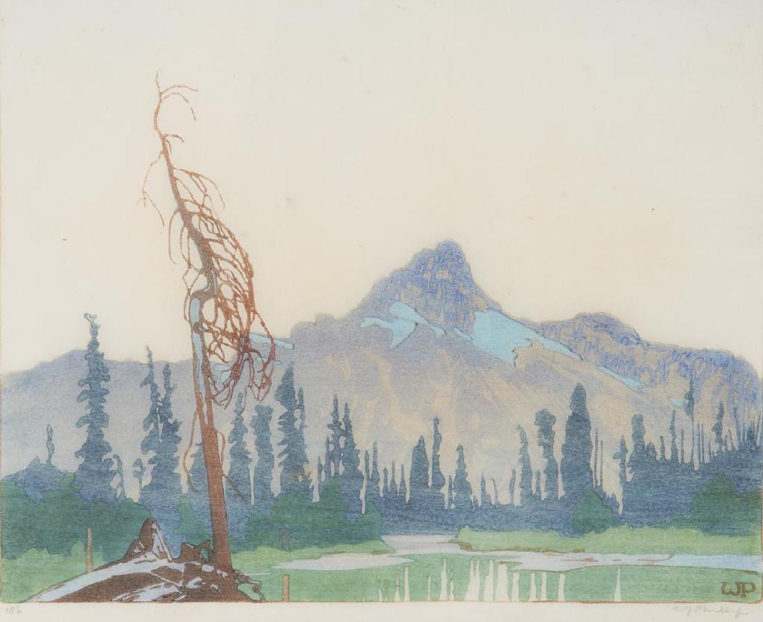 WALTER J. PHILLIPS (Canadian, 1884-1963): Mount Cathedral from Lake O'Hara, 1927 Colour woodcut Signed and numbered 186 (of 250) in pencil to marginSize: 7 x 8.75 in. (plate) Provenance: Private Collction, Toronto; Hett Gallery, Edmonton inv.