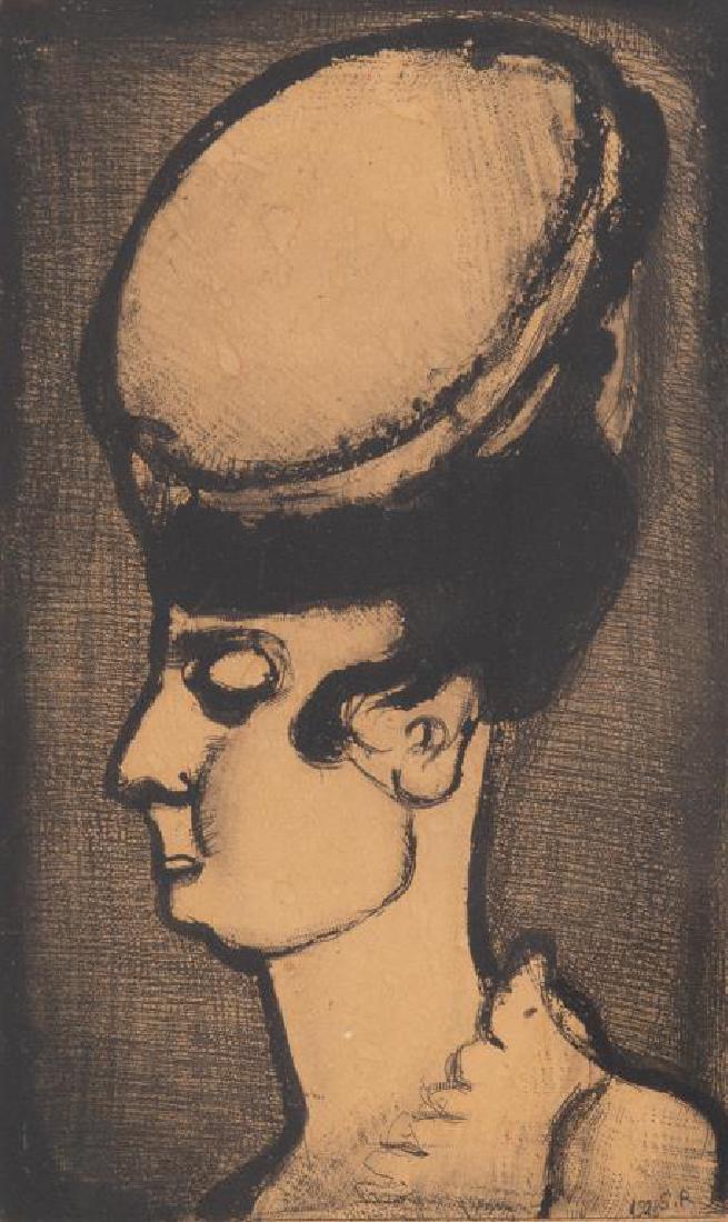 GEORGES ROUAULT (French, 1871-1958): Femme au Chapeau au Profil Etching and aquatint Signed and dated 1928 in plate Size: 12 x 7 in. (plate)Provenance: Greenwich Gallery, Toronto.