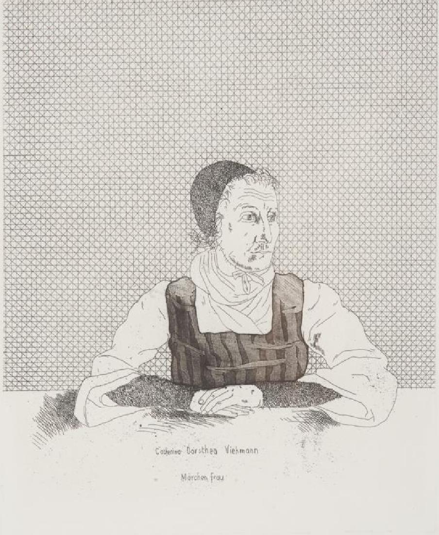 DAVID HOCKNEY (British, b. 1937): Catherina Dorothea Viehmann, Plate one of Six Fairy Tales from the Grimm Brothers (1969) Etching Signed and numbered AP XIV in pencil to marginPublished by Petersburg Press, London Size: 11.5 x 9.25 i