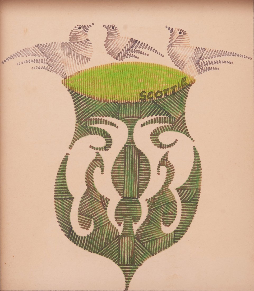 SCOTTIE WILSON (British, 1889-1972): Composition with Birds Ink and watercolour on paper Signed in the image Size: 6 x 7 in. (sight)