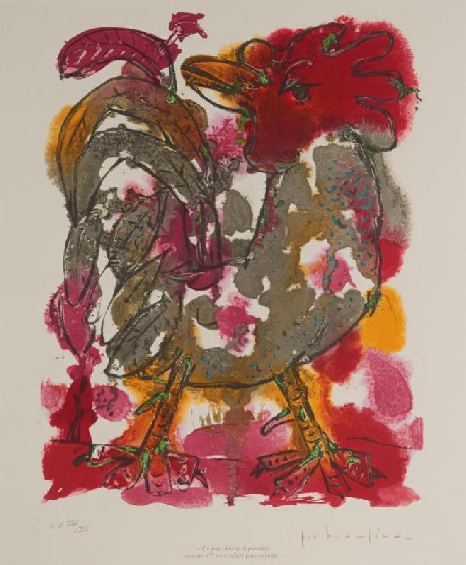 PAUL-VANIER BEAULIEU (Three prints in folio): Man With Rooster Etching Signed and numbered 23/30Clown Etching Signed and dated '51, numbered 15/30 and Rooster Colour lithograph Signed and numbered E.A. XIV/XVEncased in a folio. Provenance: Estate