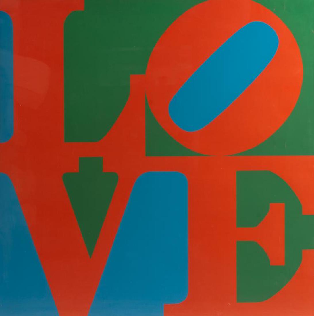 ROBERT INDIANA (American,1928-2018): Love Vintage Colour silkscreen c. 1960s. Heliotherapy love screen print Dimensions: 29.25 x 29 in.