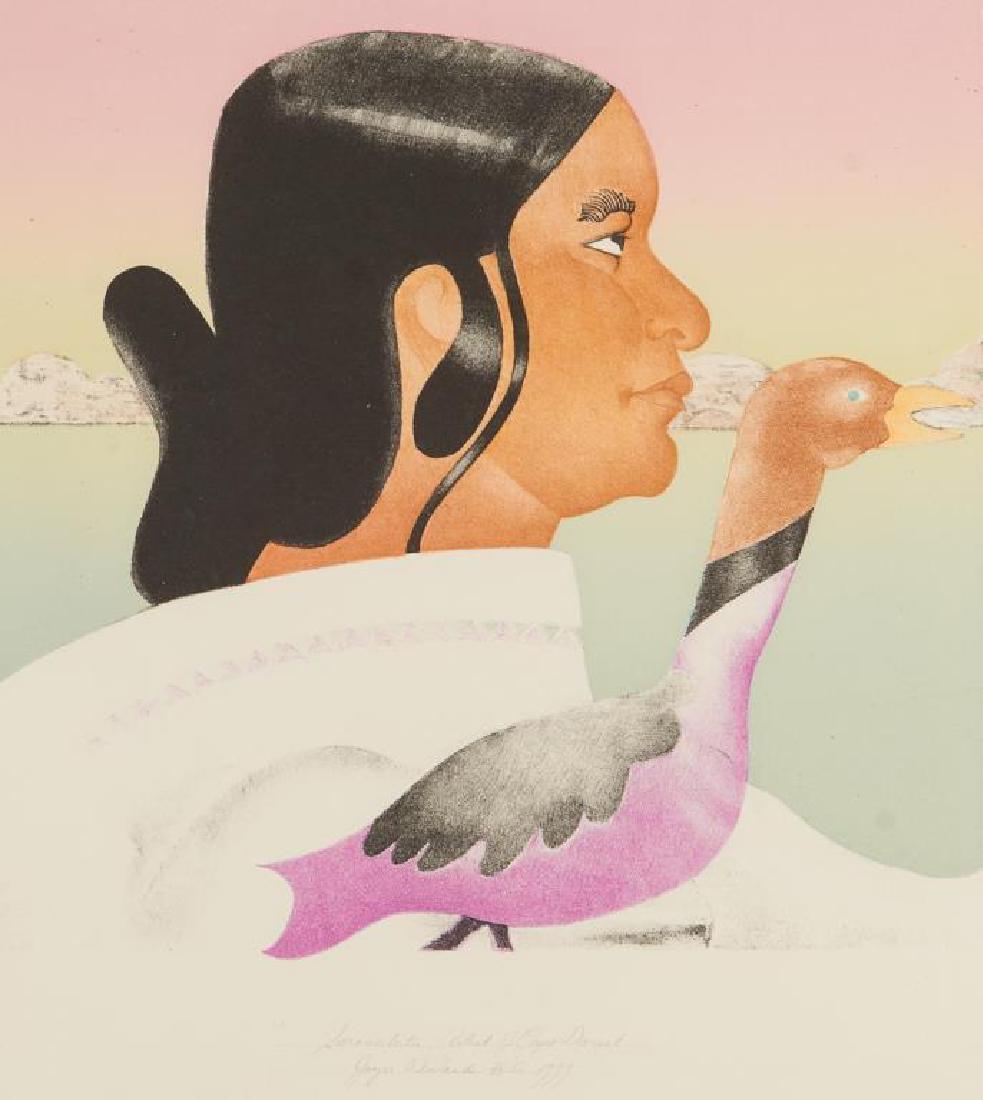 JOYCE WIELAND (Canadian, 1931-1998): Soroseelutu: Artist of Cape Dorset Colour screenprint Signed, titled, dated a1979 and numbered 36/50 Size: 11 x 11 (plate) Provenance: Estate of the artist, by descent to the present private collectio