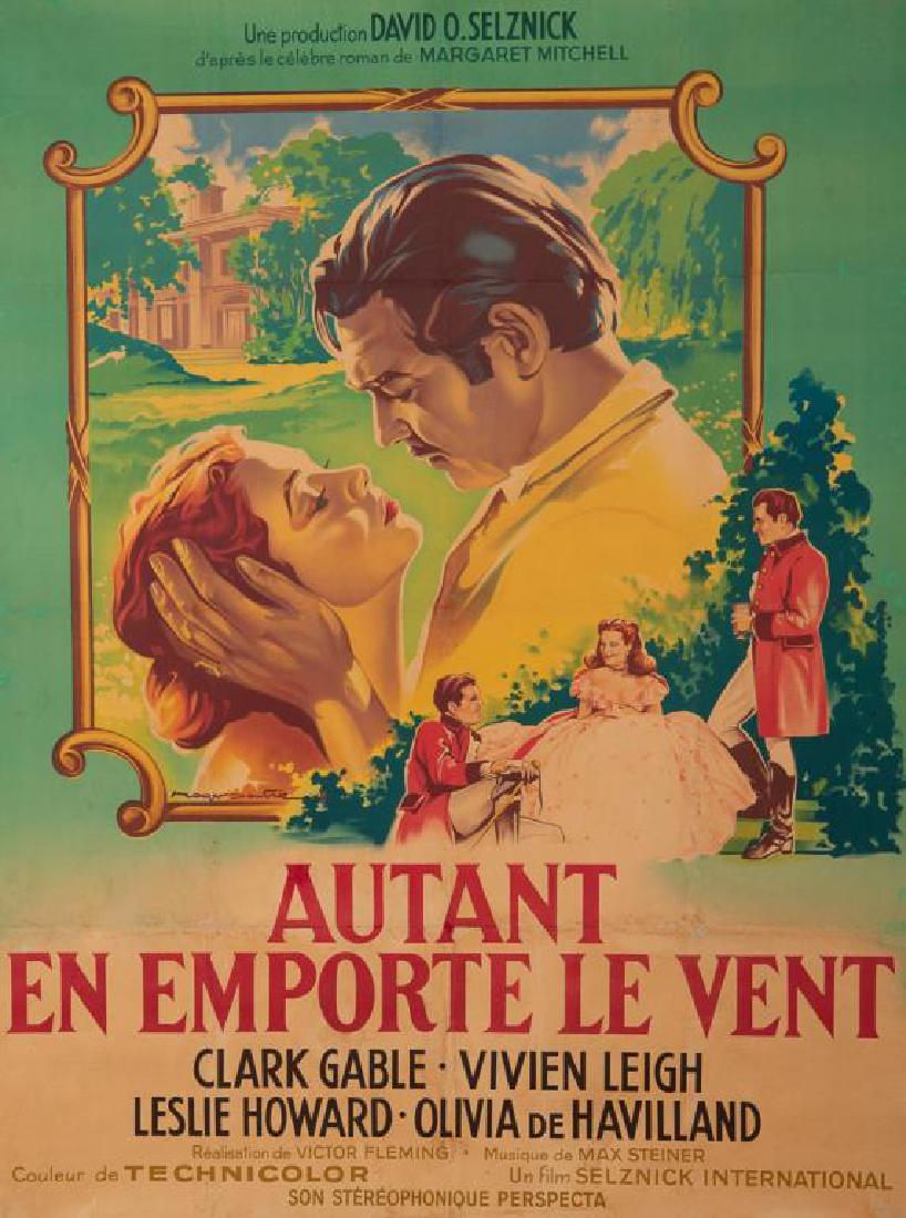 AUTANT EN EMPORTE LE VENT Vintage Poster: Vintage French Grande poster mounted on canvas From 1950s re-release of the Clark Gable film Gone with the Wind (MGM, 1939) Illustration by Roger Soubie (French, 1898-1984)Size: 61.5 x 46.5 in.