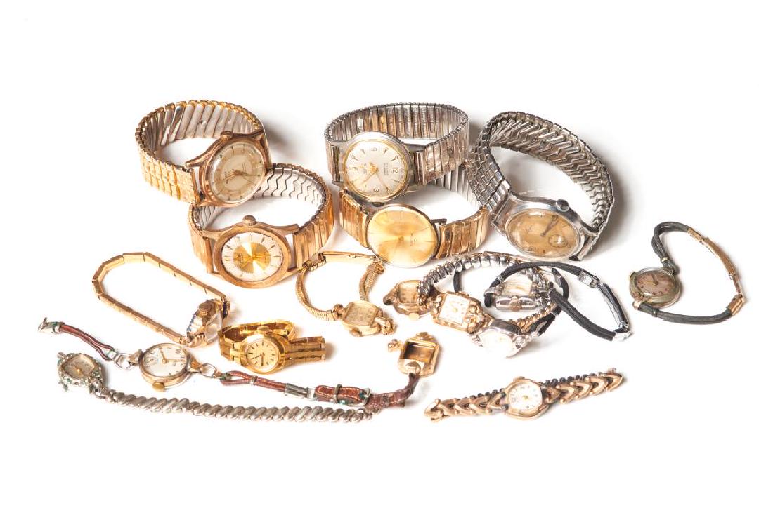 Large lot of vintage watches: Including men's and lady's watches in gold filled and base metal including Longines, Zelma and Movado. From the Estate of Ed & Anne Mirvish
