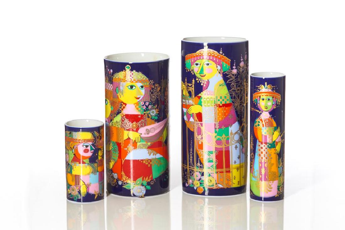 Four Bjorn Wiinblad porcelain vases: Each Rosenthal Studio Linie vase with cobalt blue ground, decorated with female figures and gilt accents. Marks to bases. H. of tallest vase: 28.3 cm (11 1/8 in.)