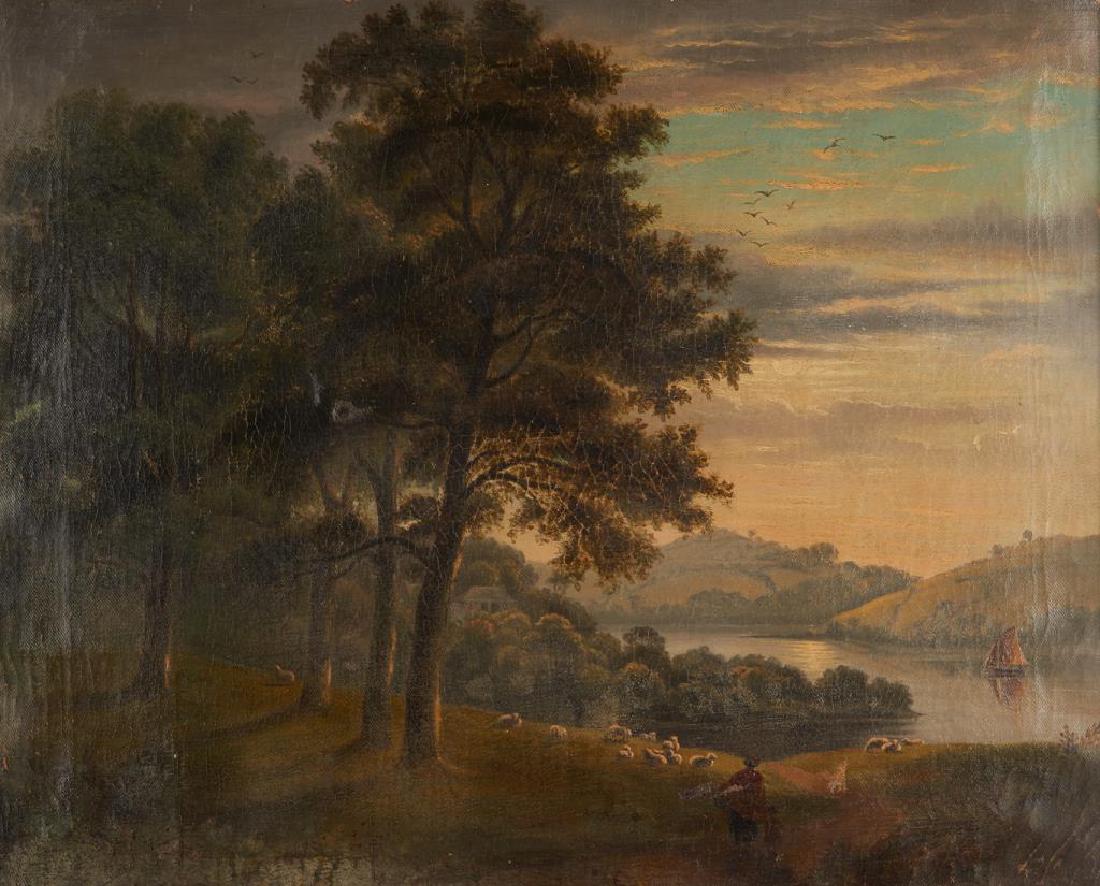 BRITISH COLONIAL SCHOOL (19th C): Landscape with Sheep Overlooking a Lake Oil on canvas R & J Wetmore Carvers and Guilders, Halifax, N.S. label to frame versoSize: 25 x 17.25 in. Note: R & J Wetmore operated in Halifax in the mid 19th