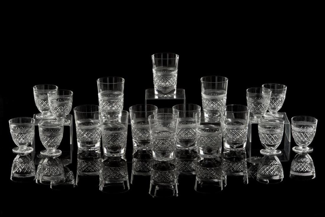 Lot of Tudor Holbein Cut Glass Stemware: comprising ten flat tumblers and nine footed juice glasses