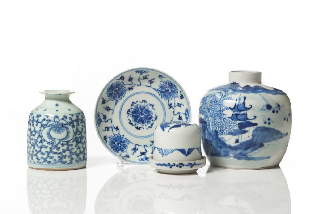 FOUR CHINESE 19TH C. BLUE & WHITE PORCELAIN: Including a small dish marked six character Kangxi mark to base. A vase painted with flowers and vines. A Dice roller cup painted with landscape scenes. And a jar painted with river landscape.Dish dia