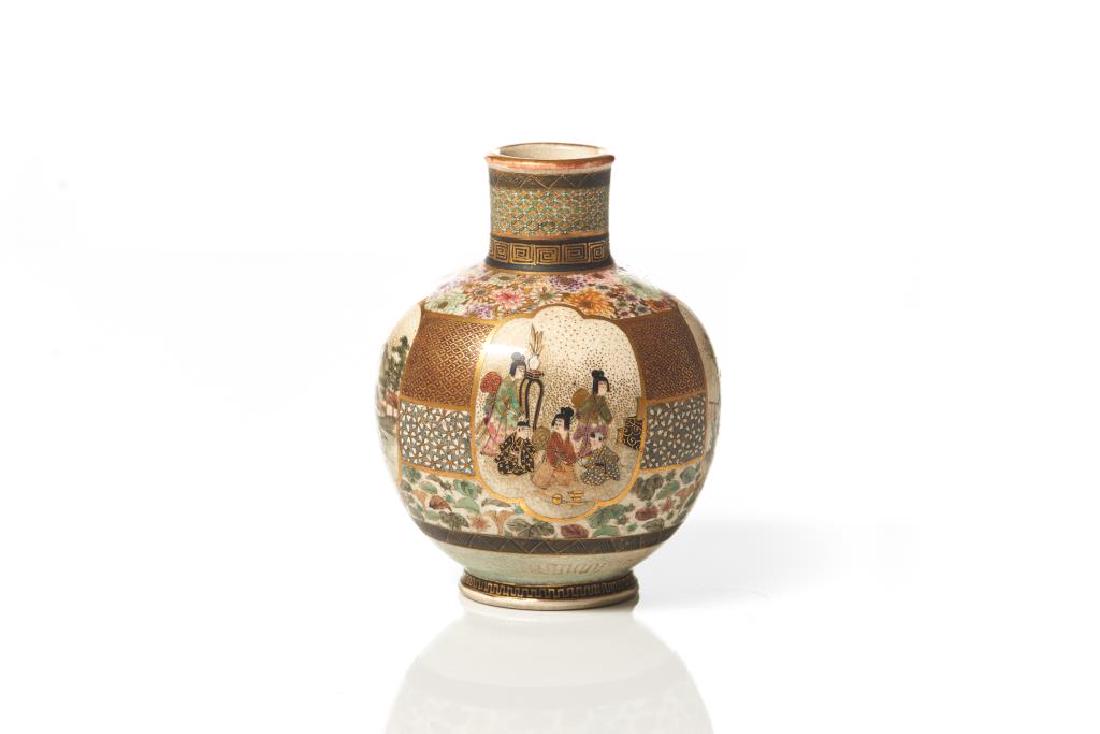 JAPANESE SATSUMA POTTERY SQUAT VASE: Painted with alternating cartouche of figures, landscape, and garden scenes. Marked Dozan to base. Meiji period (1868-1912). H. 9.5cm (3 3/4 in.)
