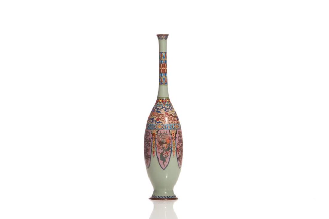 JAPANESE MEIJI CLOISONNE ENAMELED VASE: Long neck, mint-coloured body featuring dragon, phoenix, and butterfly motif. Meiji period, late 19th to early 20th C. H. 30cm (12 in.)