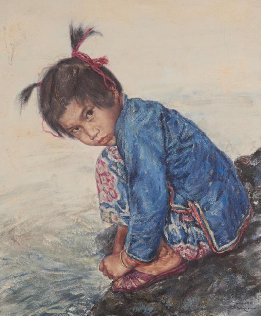 WAI MING (LO HING KWOK) OIL ON CANVAS: "The Fish Girl", signed in the bottom right. Frame size 66 x 56cm (26 1/4 x 22in).
