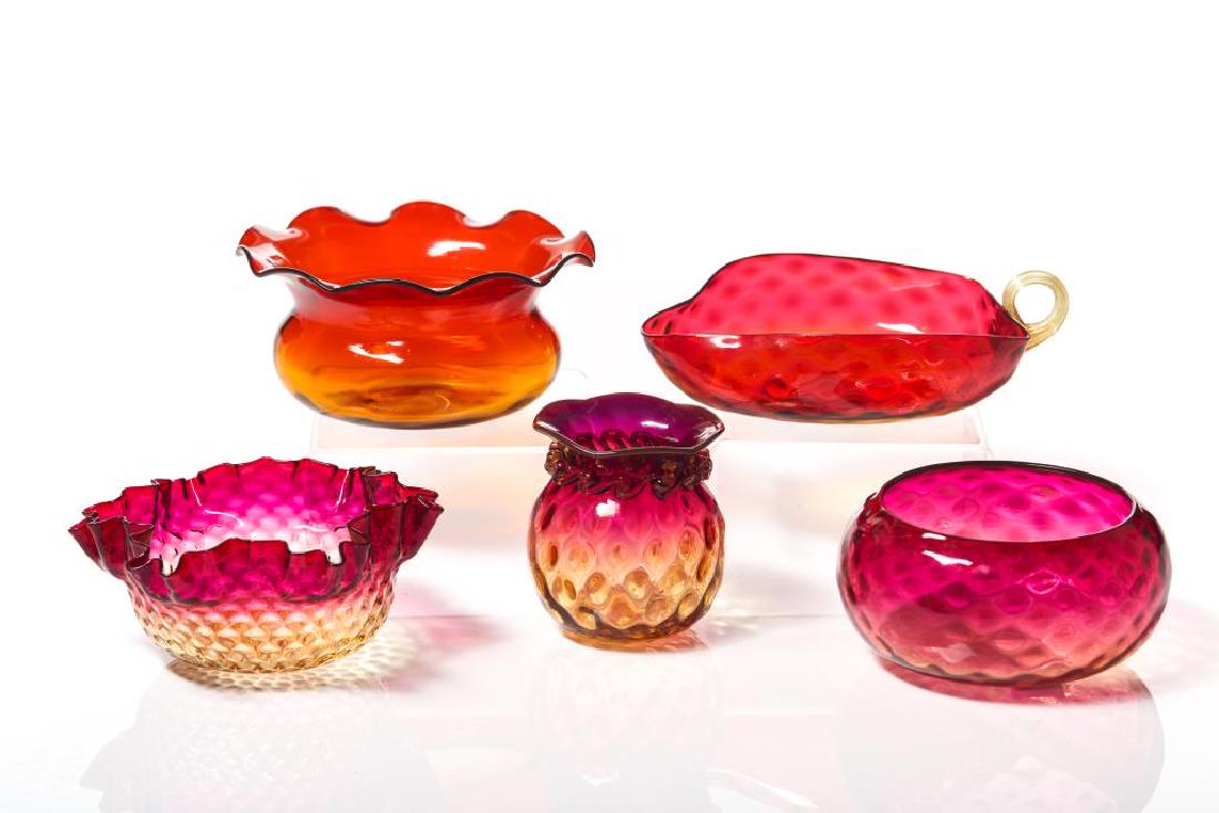 Lot of five Victorian Amberina glass items: Leaf shaped dish with celery handle possibly Libbey, small vase in diamond quilted, spitoon, ruffled dish in honeycomb pattern and a small bowl in diamond quilted. Four pieces in fuchsia.