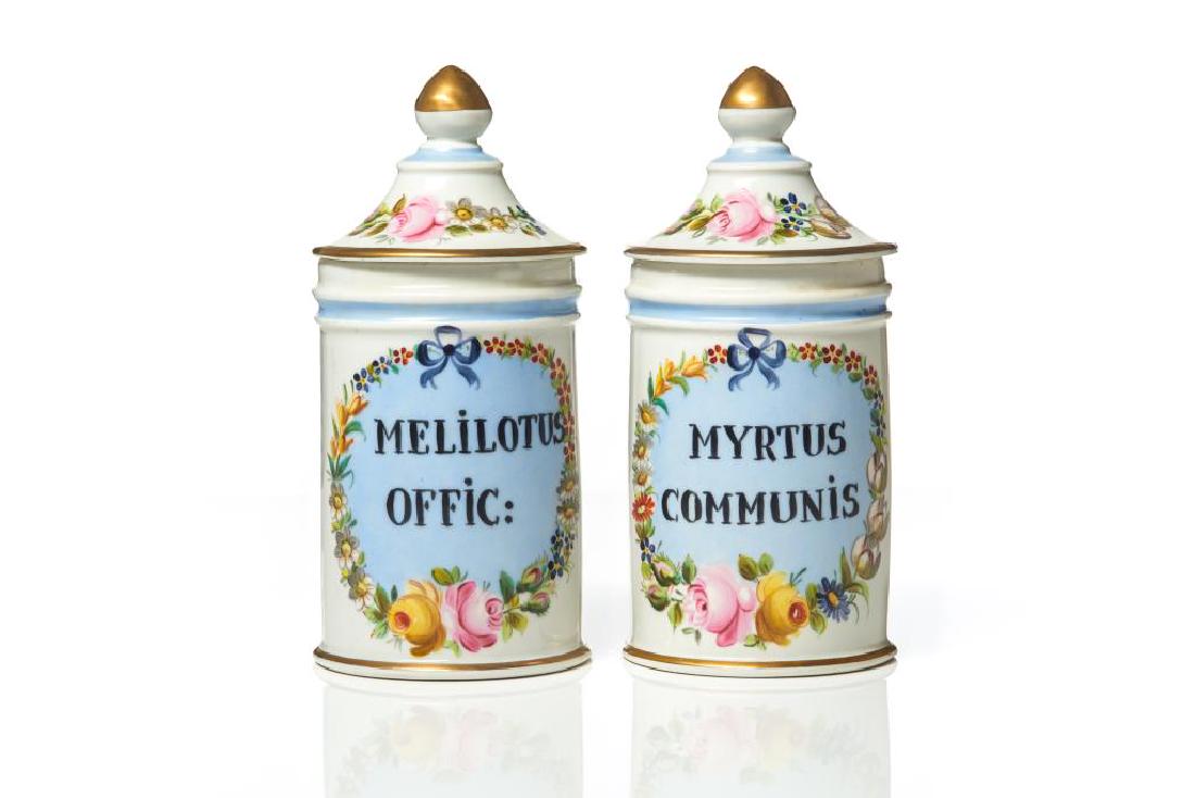 Pair of French porcelain apothecary jars: Hand painted apothecary jars. P. Bousquet. Apothicaire a Toulouse to bottom. Early 20th C. H. 26.5 cm (10 1/2 in.) D. 12 cm (4 3/4 in.)