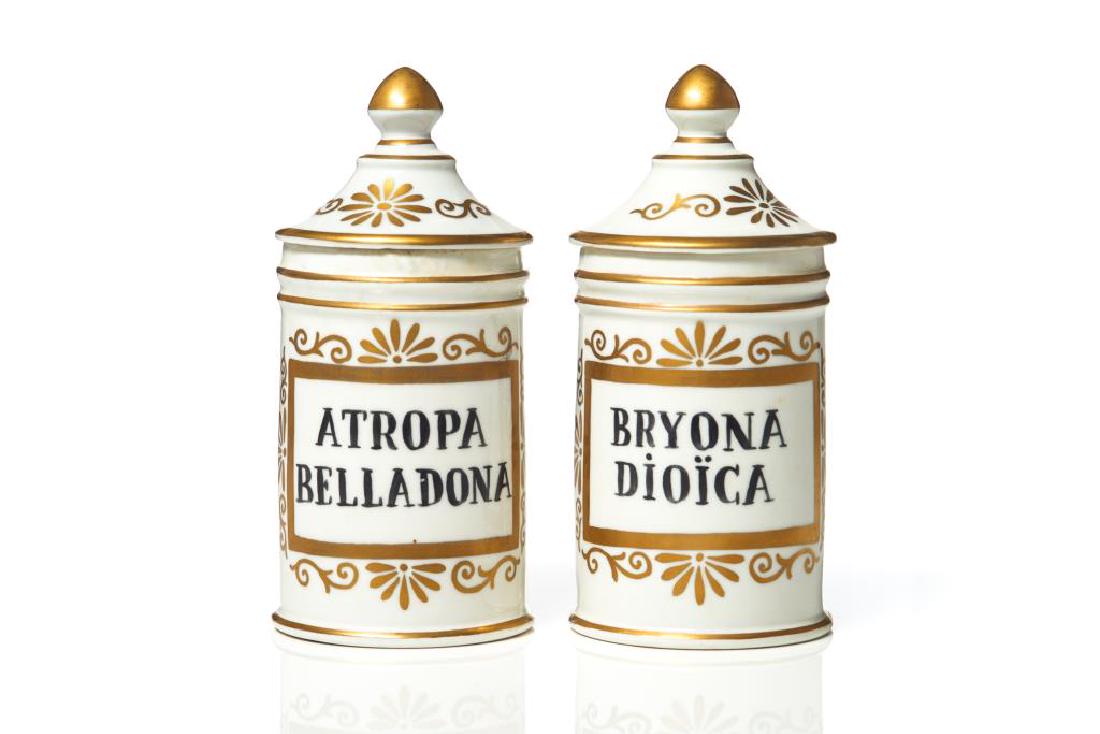 Pair of French porcelain apothecary jars: Hand painted apothecary jars. P. Bousquet. Apothicaire a Toulouse to bottom. Early 20th C. H. 20 cm (8 in.) D. 8 cm (3 1/2 in.)