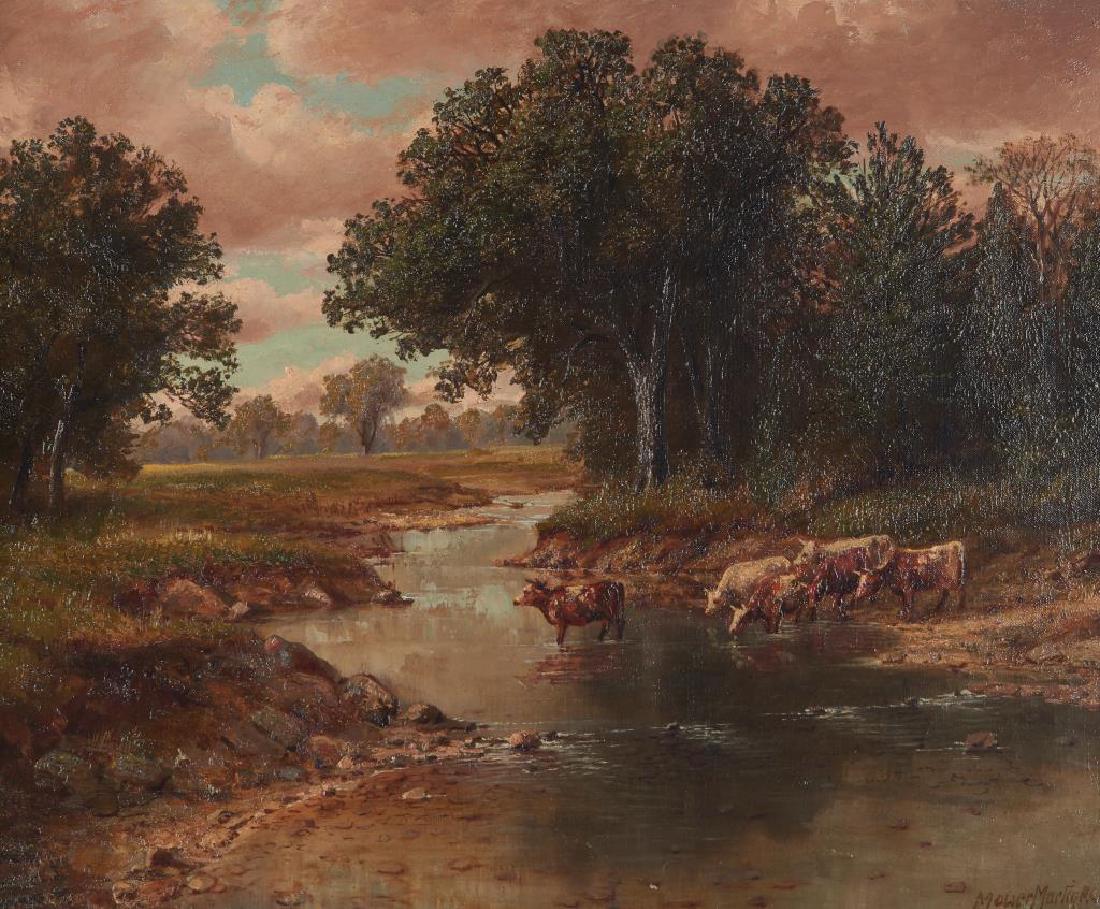 THOMAS MOWER MARTIN (Canadian, 1838-1934): Cows Watering Oil on canvas Signed lower right Size: 20 x 24 in.