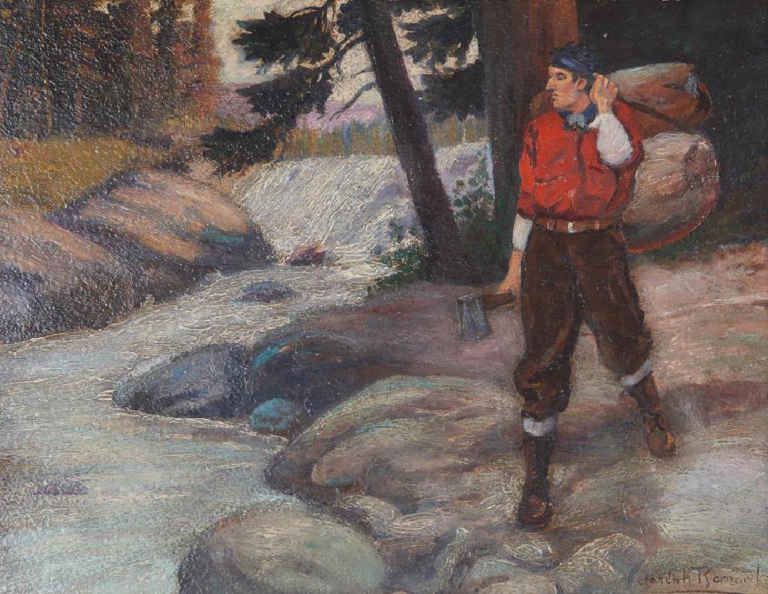 JOSEPH BERNARD (Canadian, 20th C): Woodsman Oil on board Signed lower right Size: 12 x 16 in. Provenance: Private collection, Toronto; Collection of Sir Henry Pellatt
