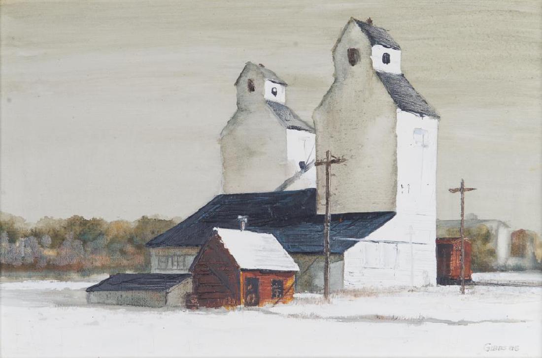 LEONARD JAMES GIBBS (Canadian, 1929-2010): Stony Plain, Alberta Mixed media on canvas Signed and dated lower right Signed, titled and dated versoSize: 16 x 24 in.