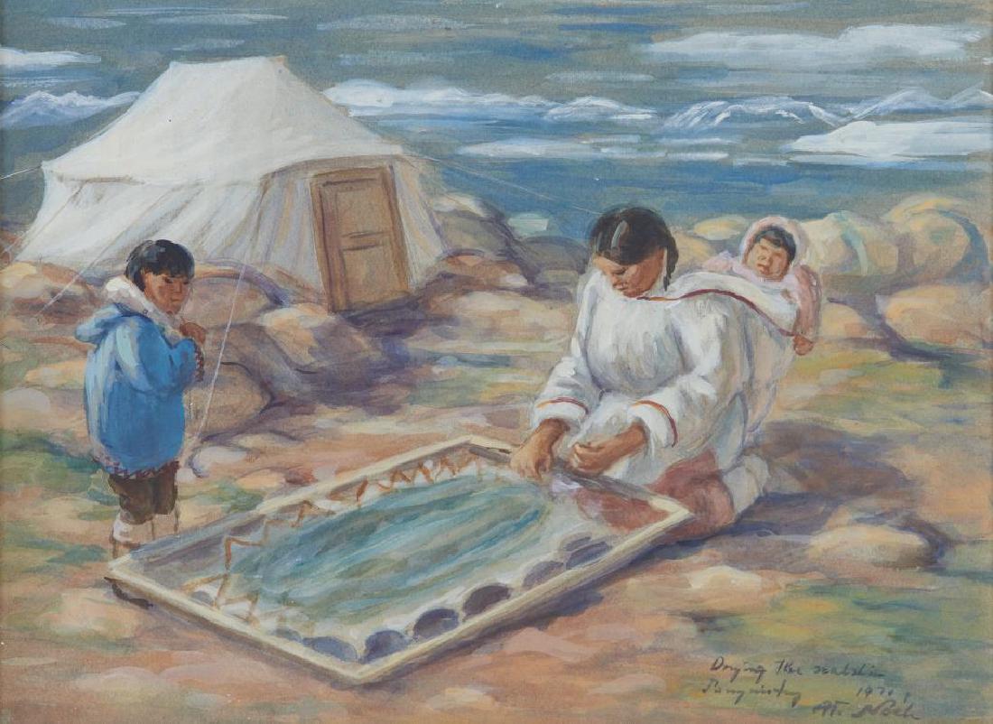ANNA T. NOEH (Canadian, 1926-2016): Drying the Sealskin, Pangnirtung (1970) Watercolour on paper laid to board Signed, titled and dated lower right Size: 12 x 16 in.