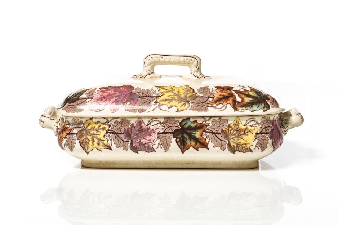 Furnival Maple pattern covered vegetable dish: transfer printed in brown with borders of maple leaves highlighted with polychrome decoration, T. Furnival & Sons, late 19th C. W. 29 cm (11 1/2 in.)condition noted, chips and cracks