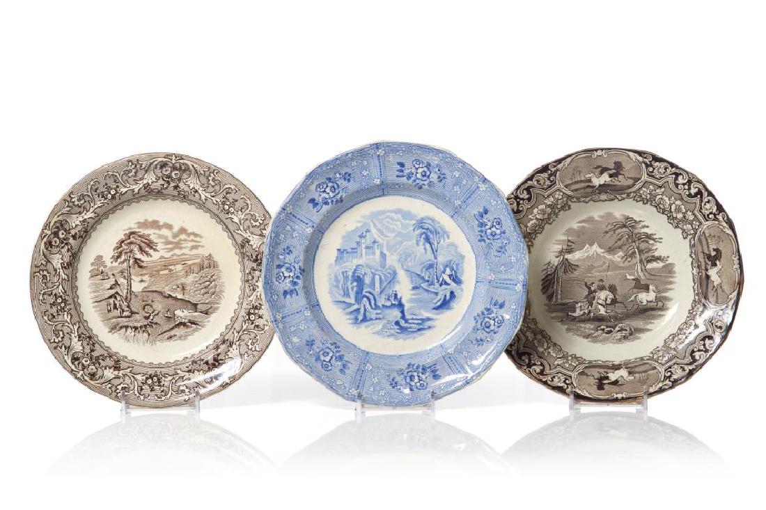 Three various transfer printed plates: brown Morley Lake Rideau Canal at Bytown plate and blue Ontario Lake Scenery plate, together with a brown Lasso pattern soup bowl D. 24 cm (9 1/2 in.)Rideau Canal plate restored