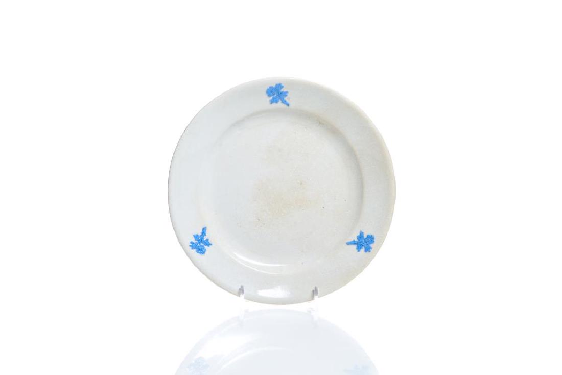 St Johns ironstone plate w blue sprig decoration: printed Stone Chinaware Co. mark, D. 20.5 cm (8 in.)