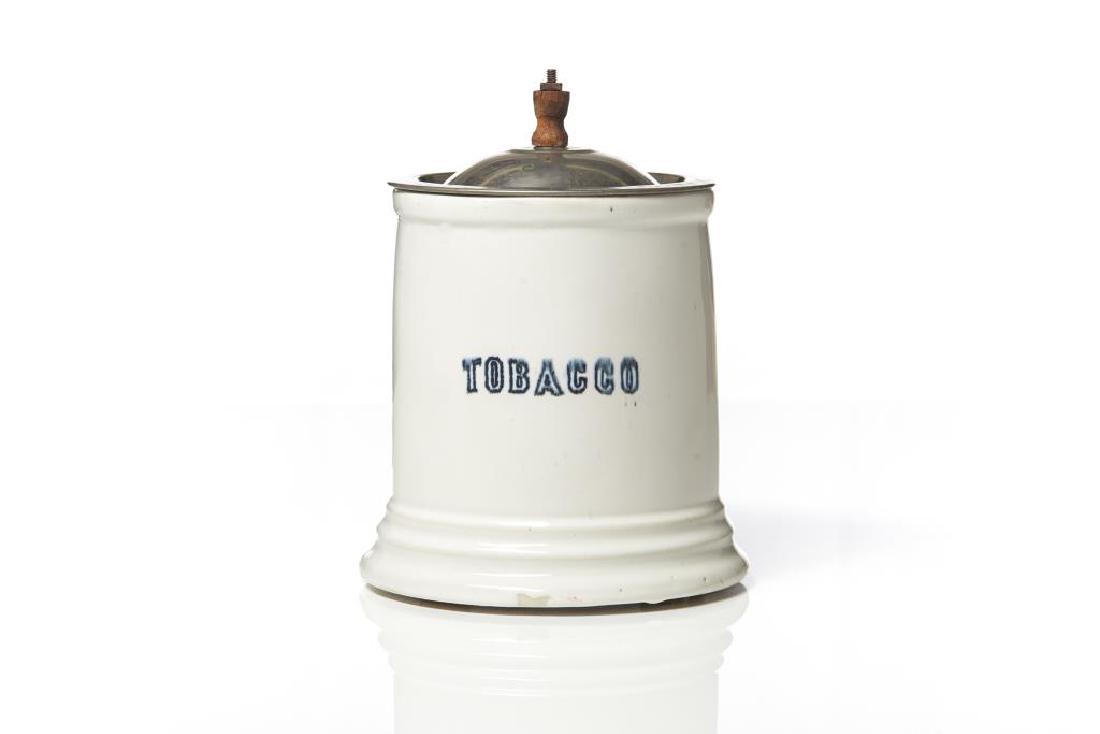 St Johns Ironstone Canadian Potteries tobacco jar: with metal lid, printed TOBACCO and E.C.T., H. 17 cm (6 3/4 in.)