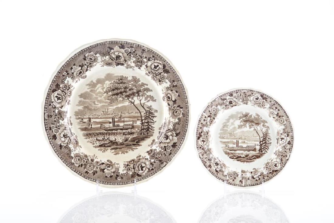 Two Davenport Montreal pattern plates: each transfer printed in brown with a view of Montreal, the steamboat British America in the foreground, D. 26.5 cm ( 10 1/2 in.) the smaller plate with rim chip