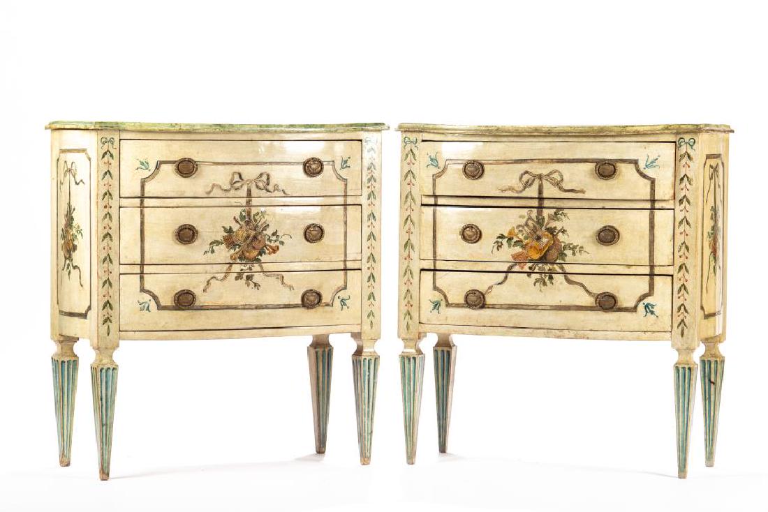 Pair of Florentine Italian painted commodes: Cream with floral details. H 32 x W 29 x D 13 inches.